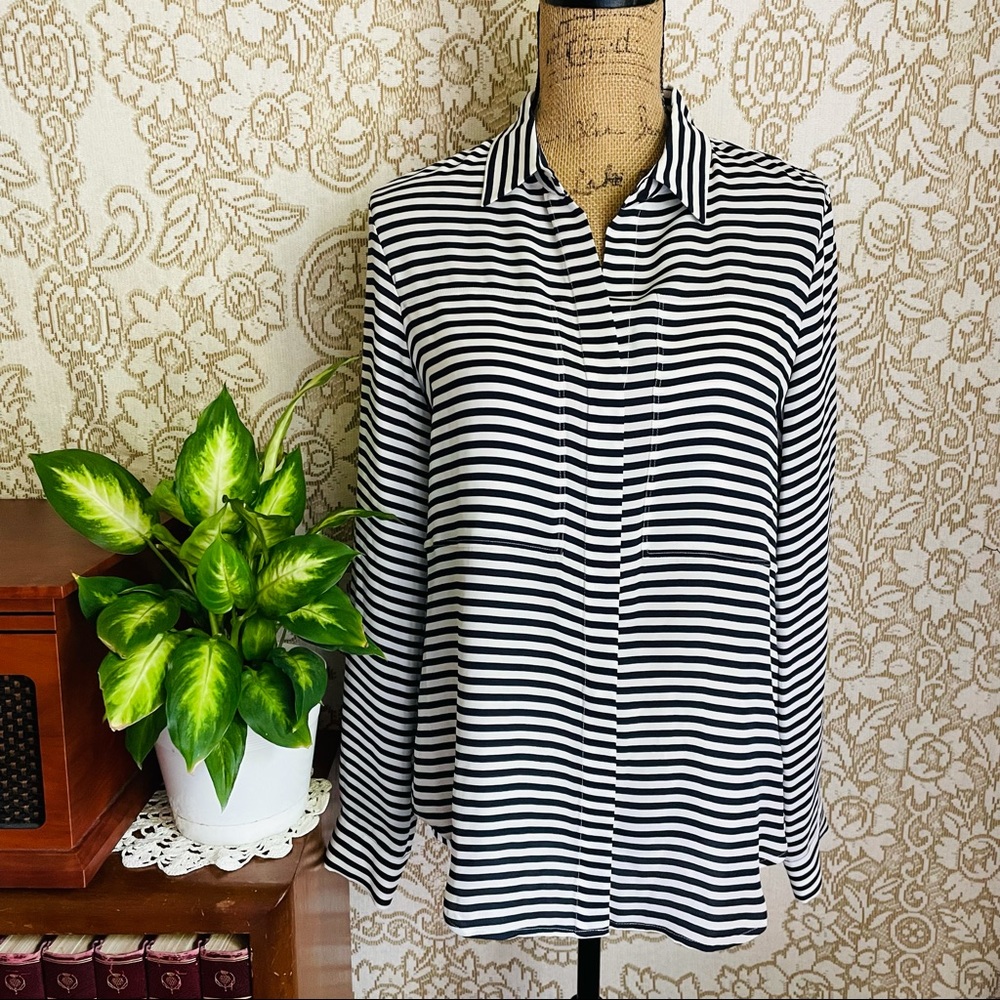 Theory navy and white striped blouse
